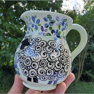 Hand Painted Pitcher (Sheep and Flowers) Artist Signed